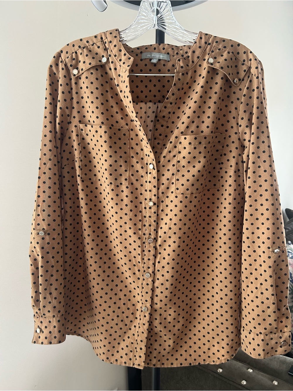 NY Collection Tan Polka Dot Button-Down Blouse
